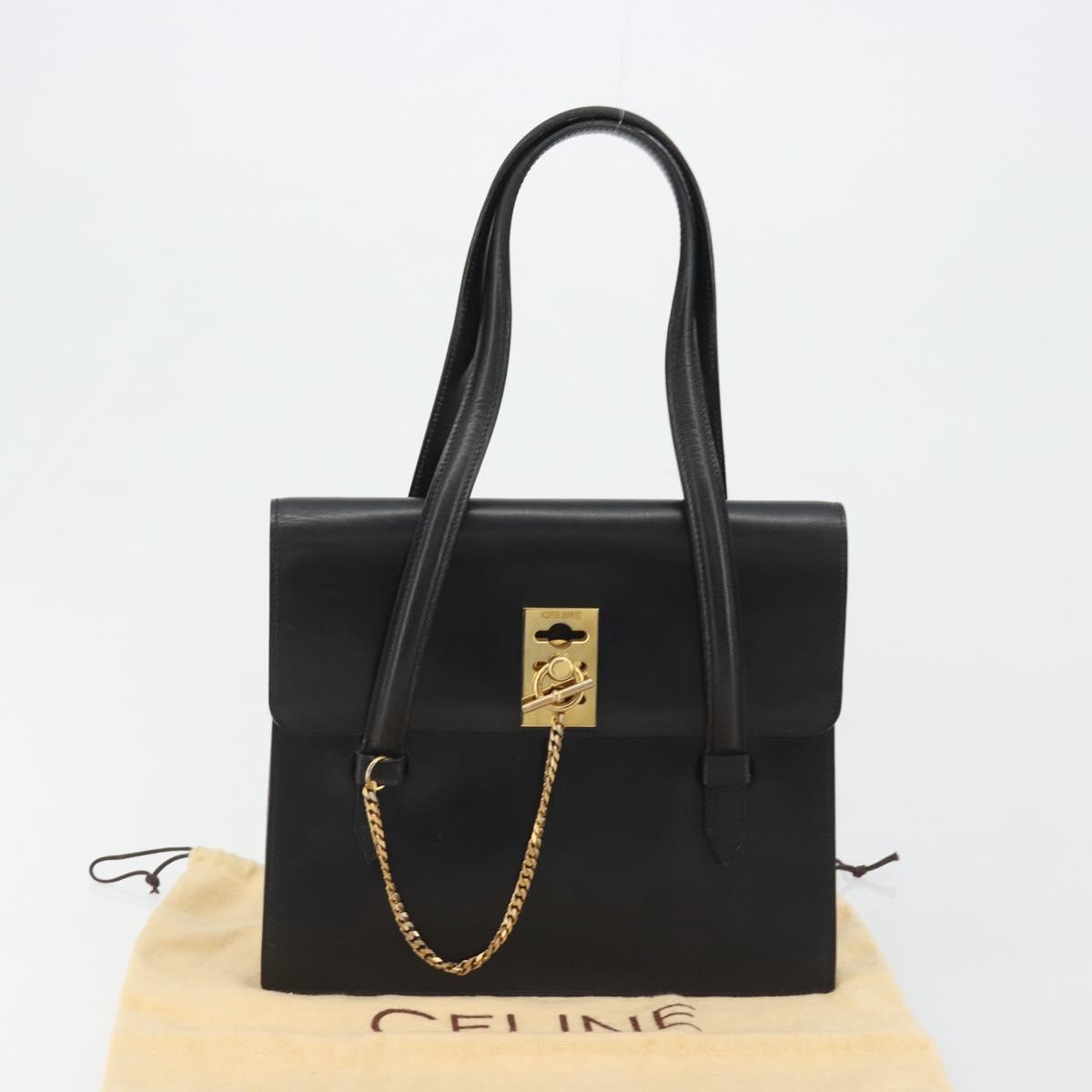 CELINE Hand Bag Leather Black Gold Auth 188840V