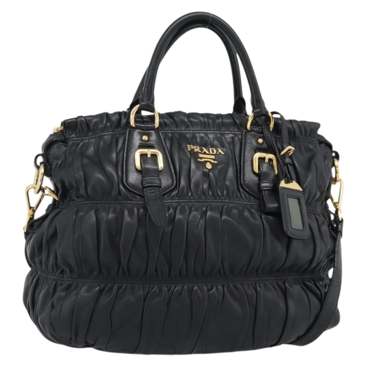 PRADA Gathered Hand Bag Leather 2way Black Gold Auth 188842V