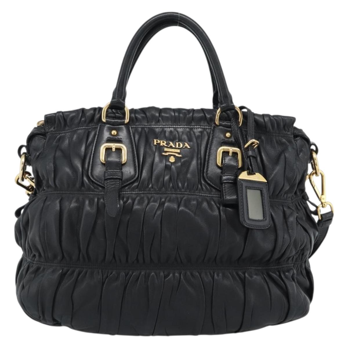 PRADA Gathered Hand Bag Leather 2way Black Gold Auth 188842V