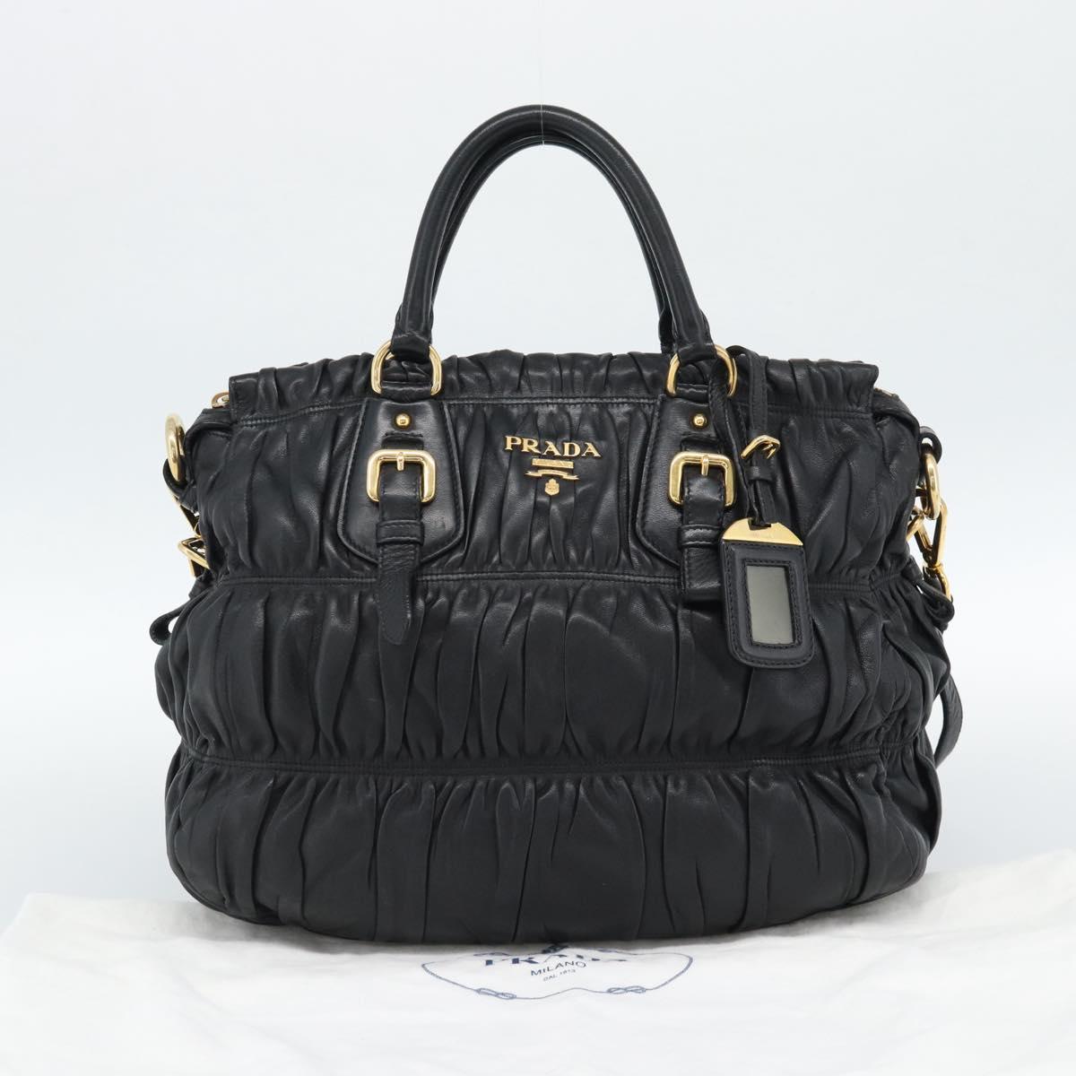 PRADA Gathered Hand Bag Leather 2way Black Gold Auth 188842V