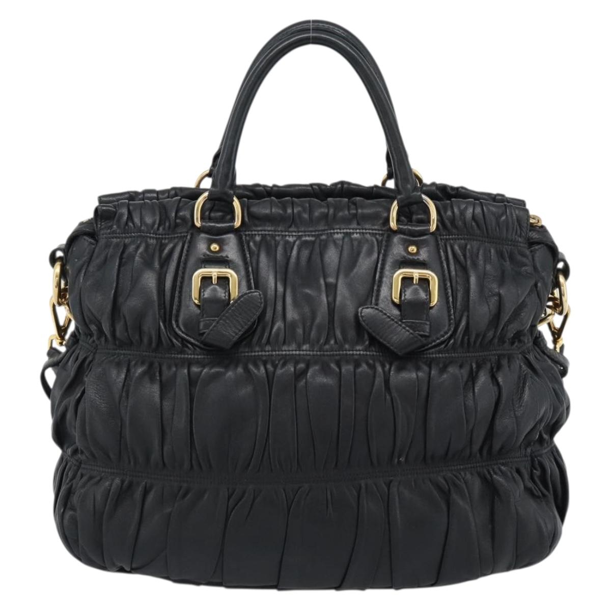 PRADA Gathered Hand Bag Leather 2way Black Gold Auth 188842V