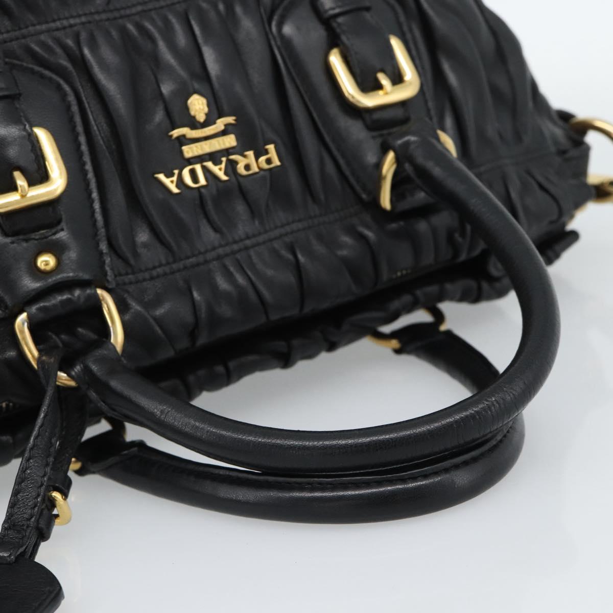 PRADA Gathered Hand Bag Leather 2way Black Gold Auth 188842V