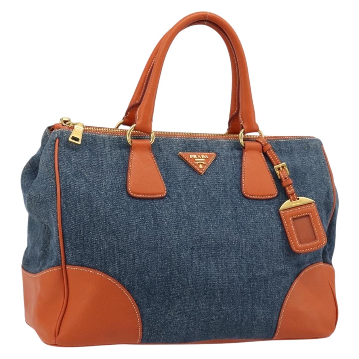 PRADA Hand Bag Denim Blue Gold Auth 188843V