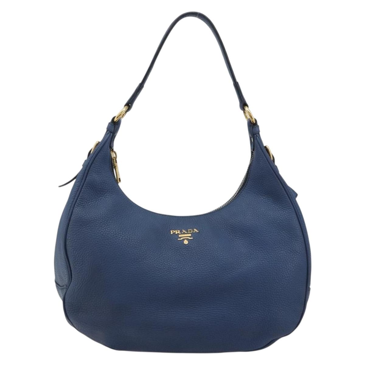 PRADA Shoulder Bag Vittero Dino Leather Blue Gold Auth 188844V