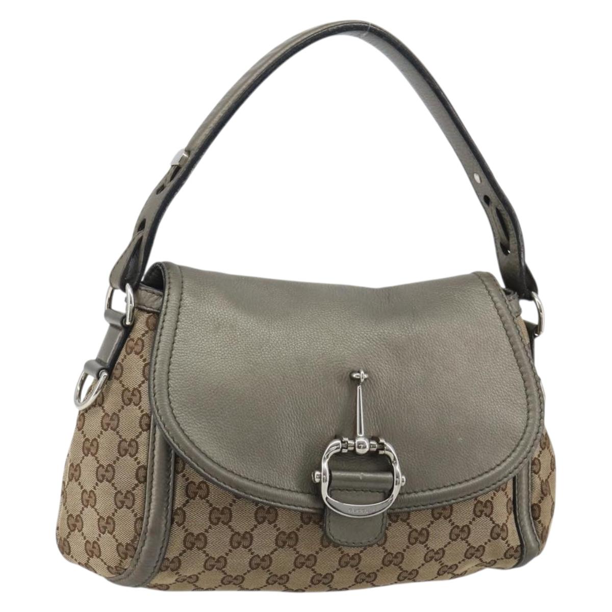 GUCCI Horsebit GG Canvas Shoulder Bag Beige Silver 240266 Auth 188846A