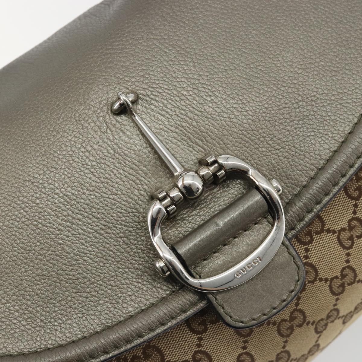 GUCCI Horsebit GG Canvas Shoulder Bag Beige Silver 240266 Auth 188846A