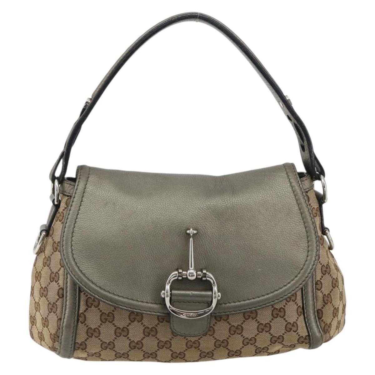 GUCCI Horsebit GG Canvas Shoulder Bag Beige Silver 240266 Auth 188846A