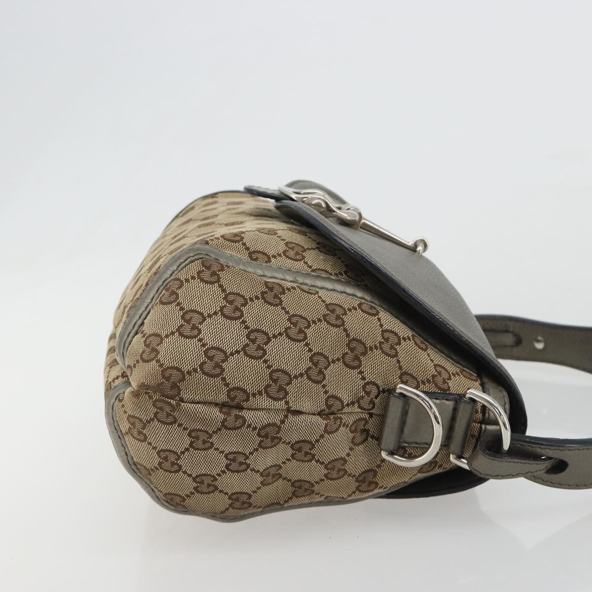 GUCCI Horsebit GG Canvas Shoulder Bag Beige Silver 240266 Auth 188846A