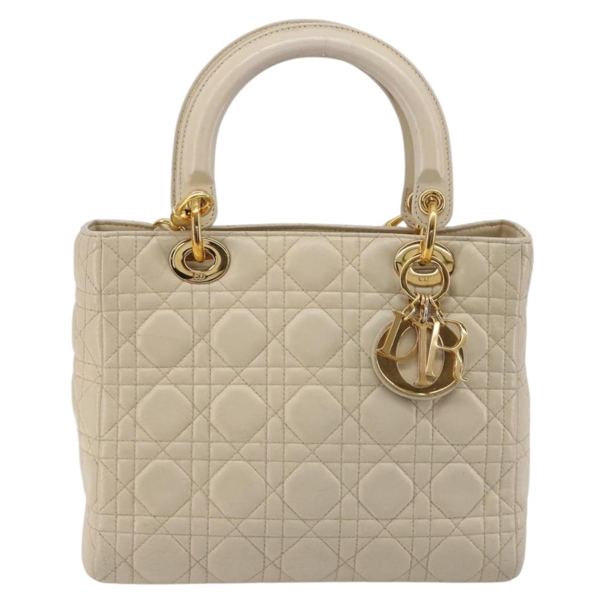 Christian Dior Lady Dior Canage Hand Bag Leather 2way Ivory Gold Auth 188848A