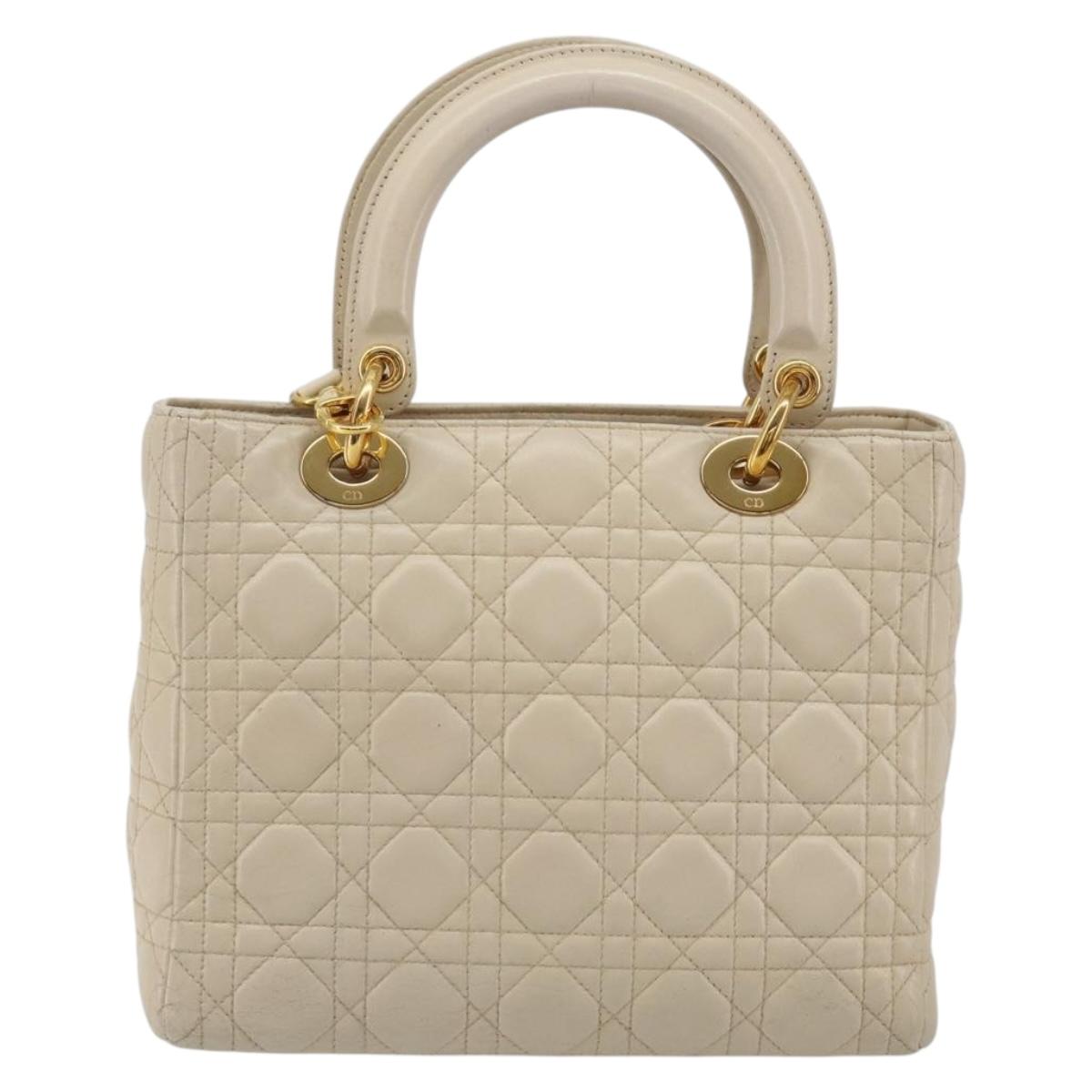 Christian Dior Lady Dior Canage Hand Bag Leather 2way Ivory Gold Auth 188848A