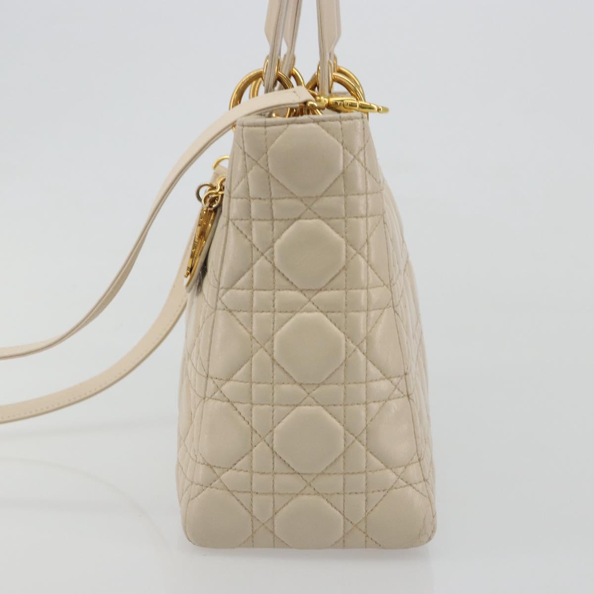 Christian Dior Lady Dior Canage Hand Bag Leather 2way Ivory Gold Auth 188848A