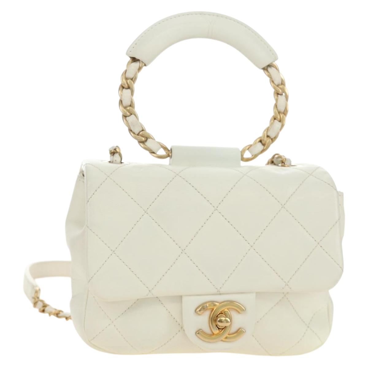 CHANEL Matelasse Top Handle Chain Bag Leather 2way White Gold CC Auth 188866SAM
