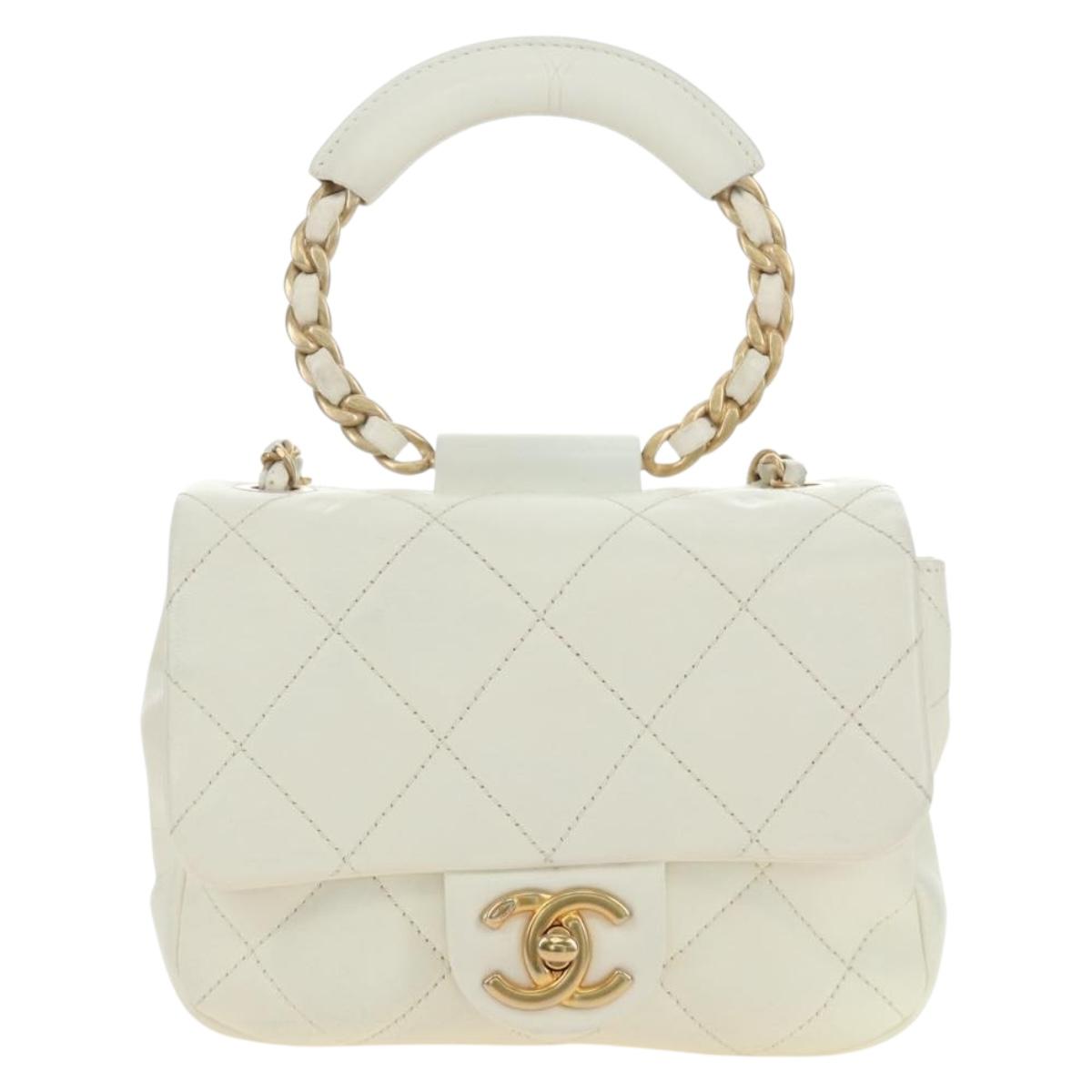 CHANEL Matelasse Top Handle Chain Bag Leather 2way White Gold CC Auth 188866SAM