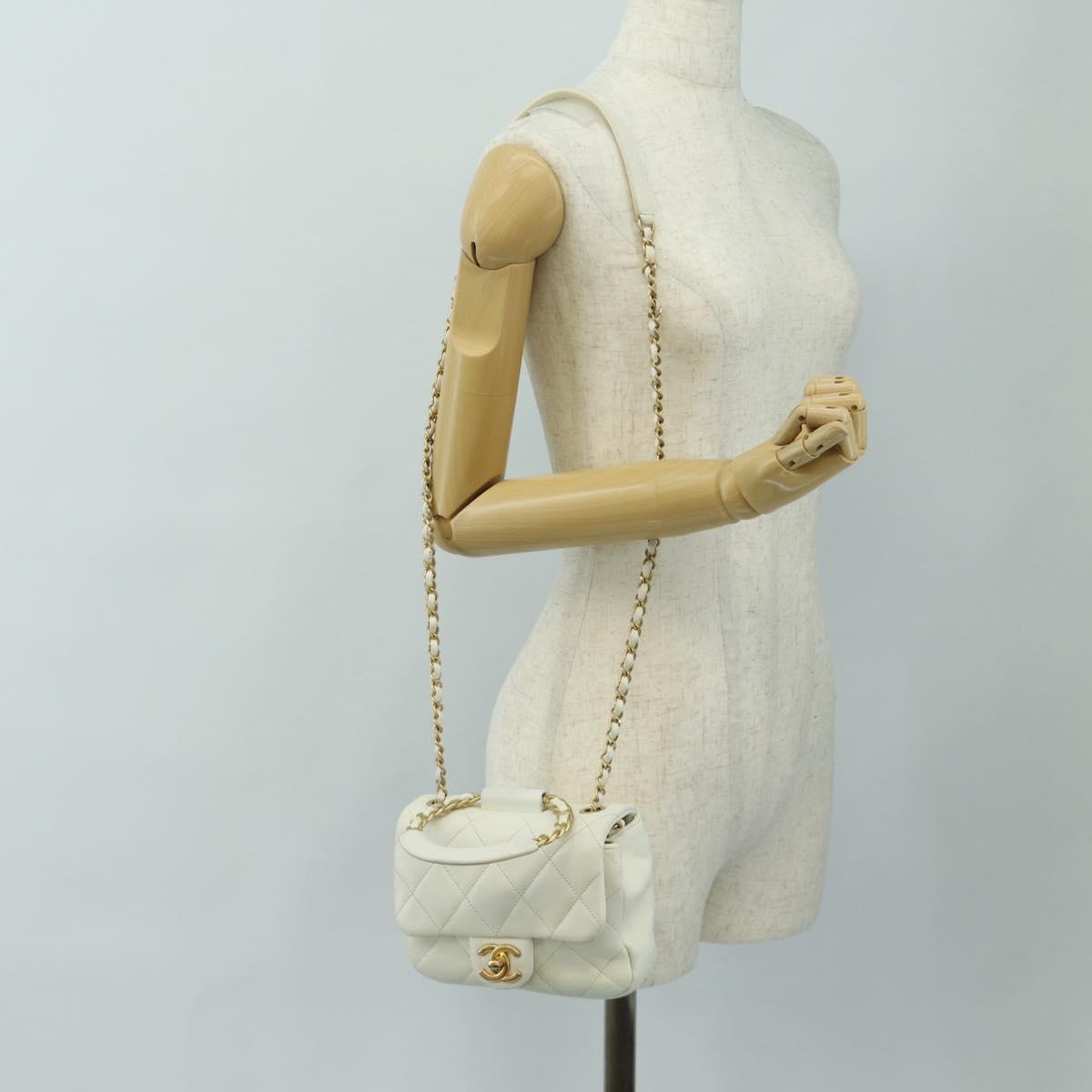 CHANEL Matelasse Top Handle Chain Bag Leather 2way White Gold CC Auth 188866SAM