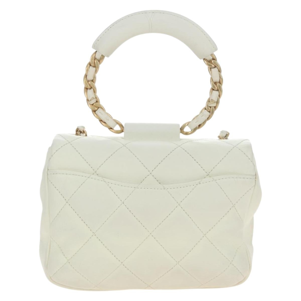 CHANEL Matelasse Top Handle Chain Bag Leather 2way White Gold CC Auth 188866SAM