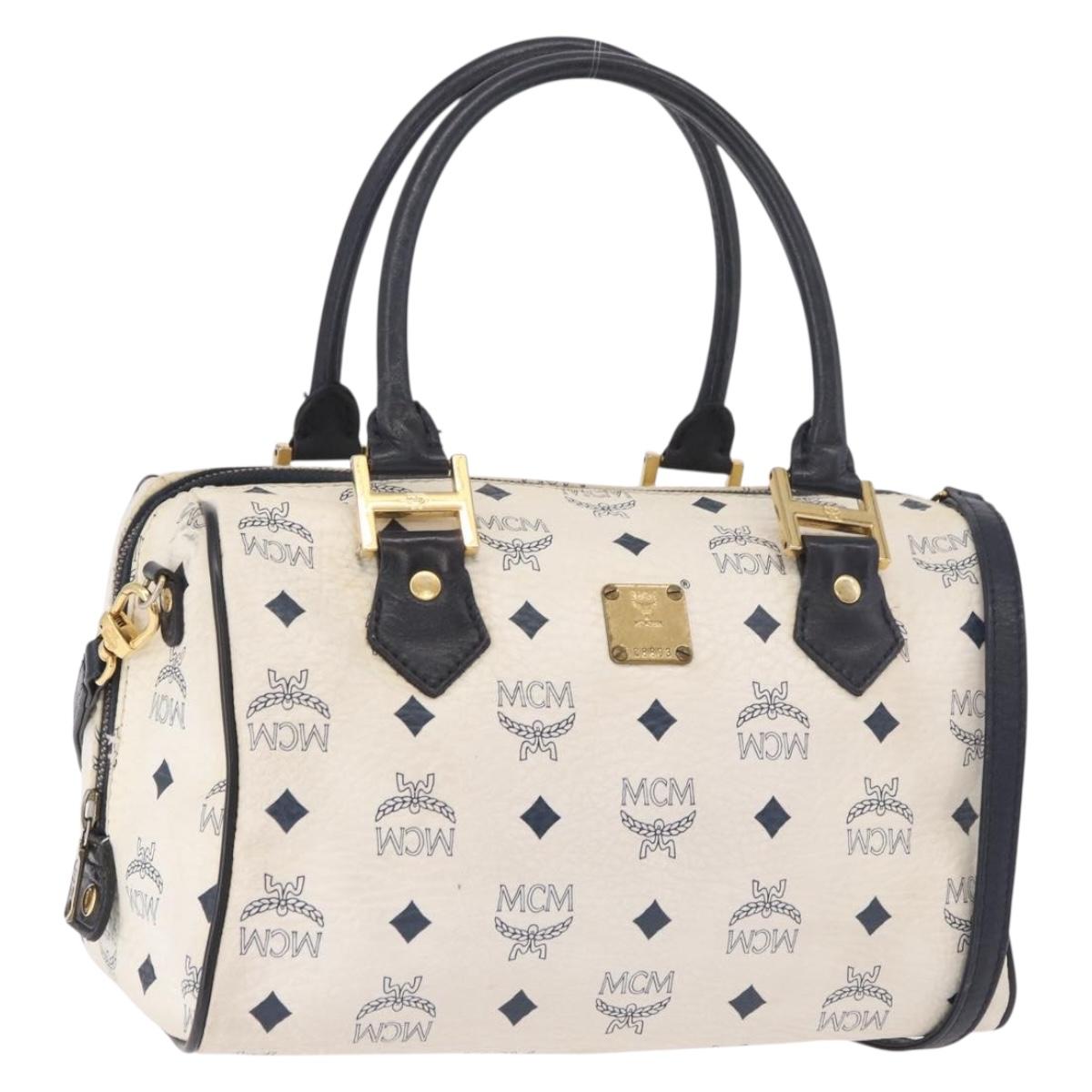 MCM Vicetos Logogram Boston Bag PVC Leather 2way White Gold Auth 188869