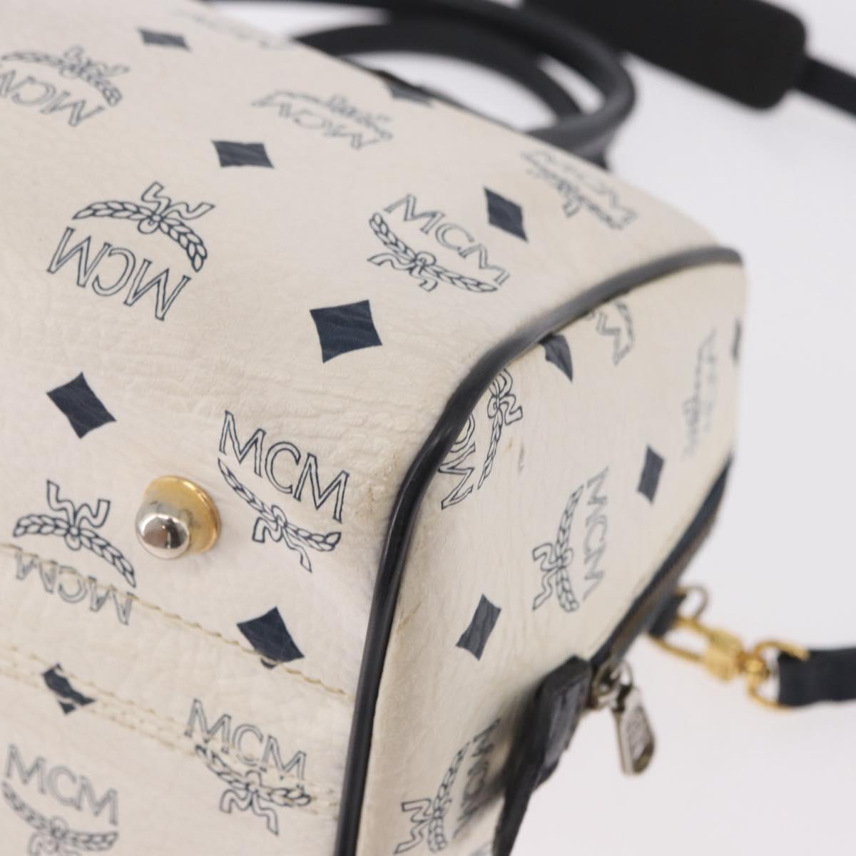MCM Vicetos Logogram Boston Bag PVC Leather 2way White Gold Auth 188869