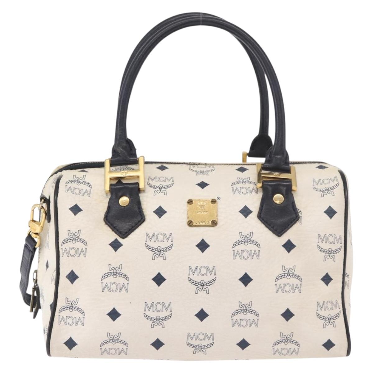 MCM Vicetos Logogram Boston Bag PVC Leather 2way White Gold Auth 188869