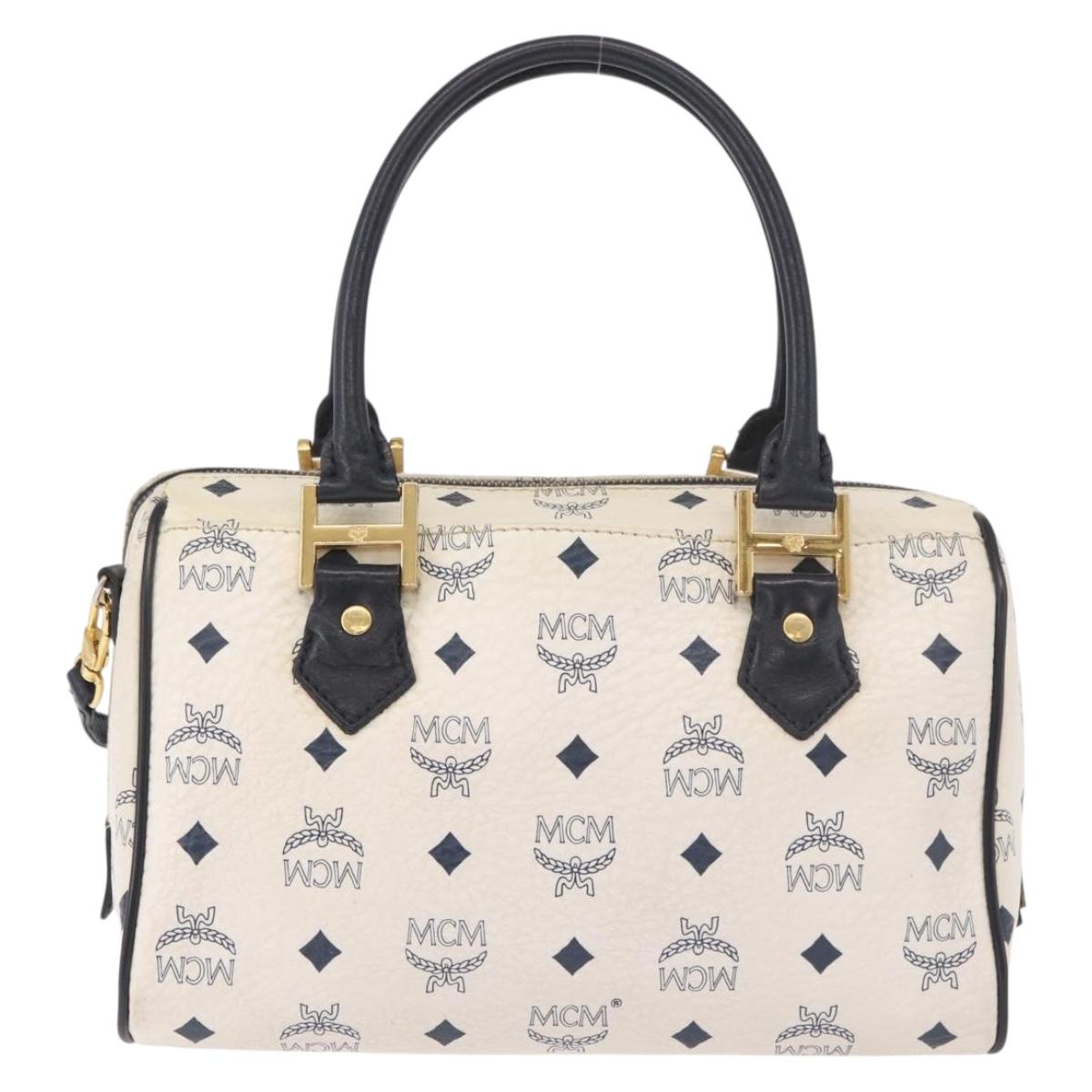 MCM Vicetos Logogram Boston Bag PVC Leather 2way White Gold Auth 188869