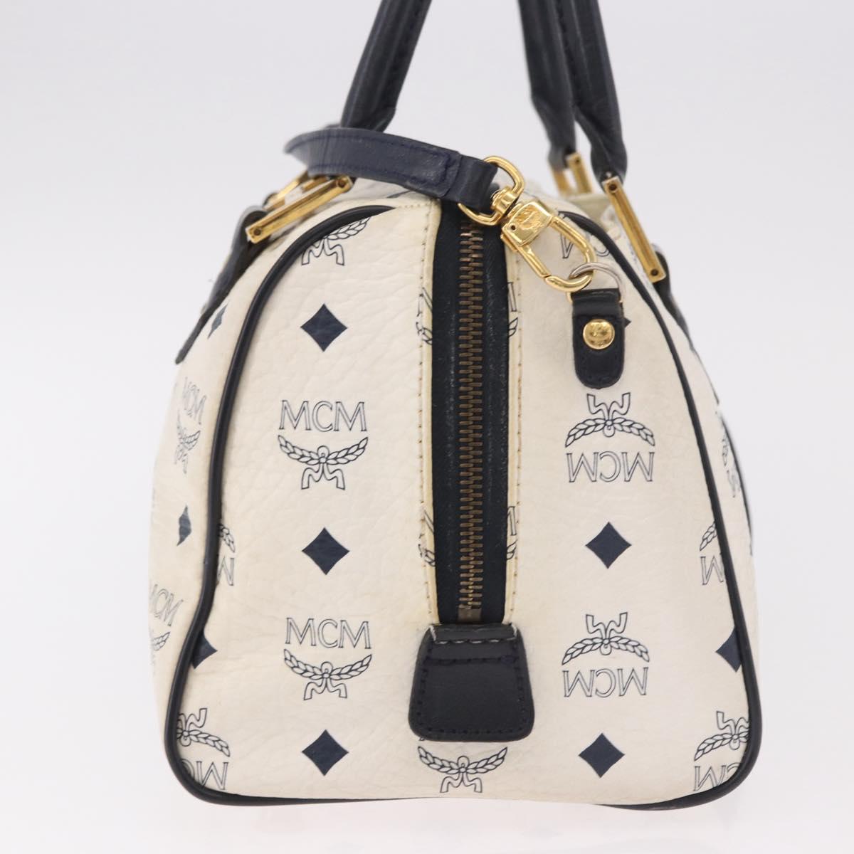 MCM Vicetos Logogram Boston Bag PVC Leather 2way White Gold Auth 188869