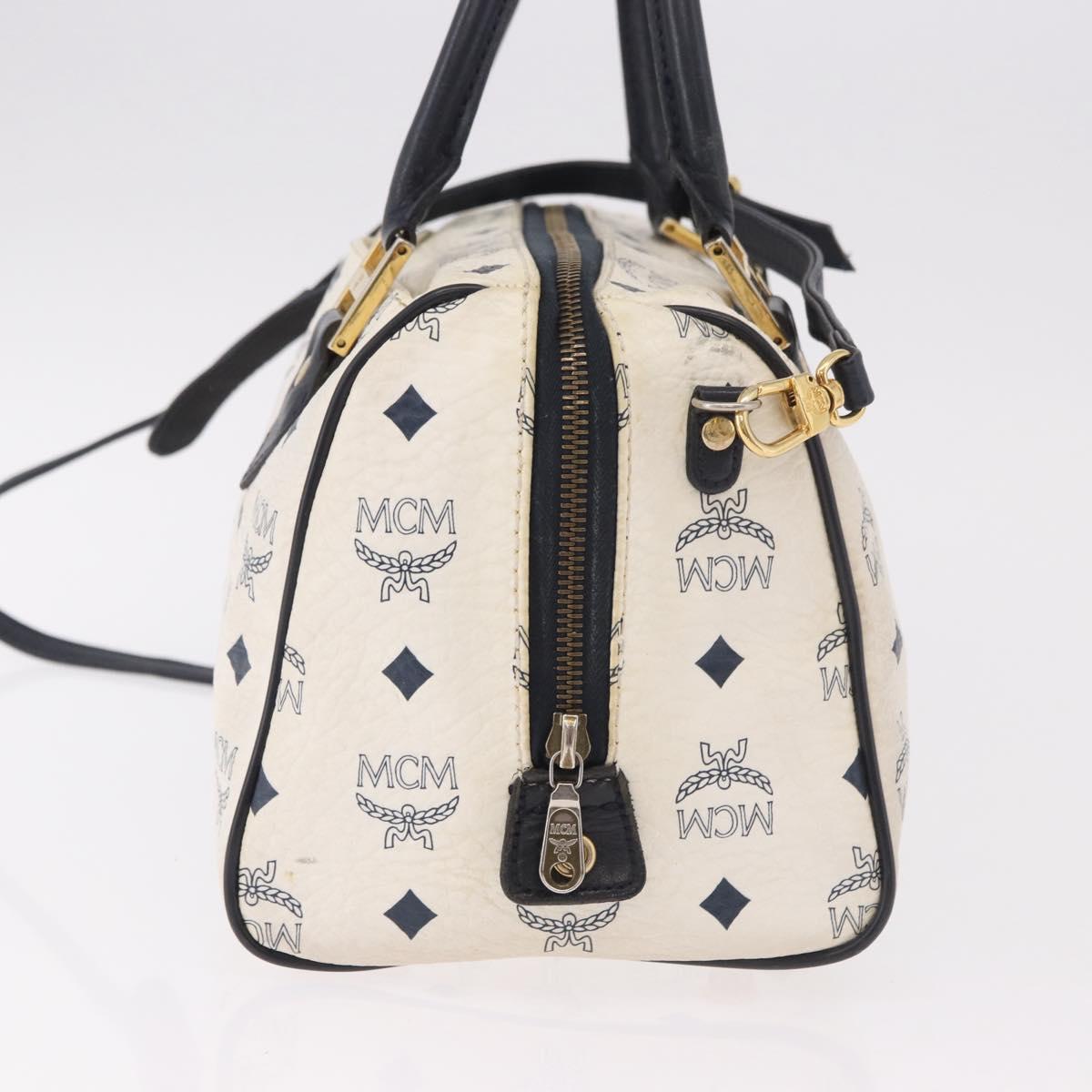 MCM Vicetos Logogram Boston Bag PVC Leather 2way White Gold Auth 188869