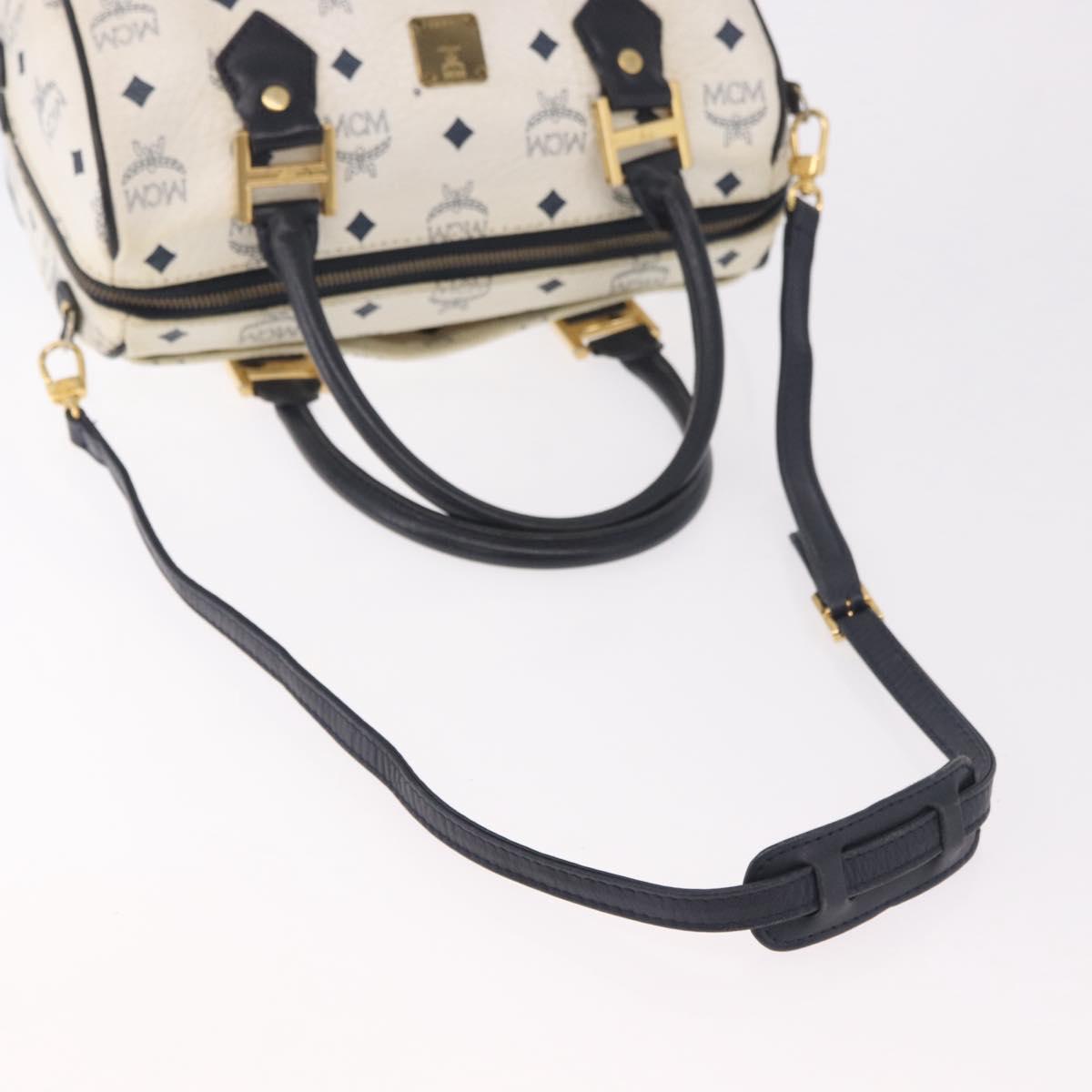 MCM Vicetos Logogram Boston Bag PVC Leather 2way White Gold Auth 188869