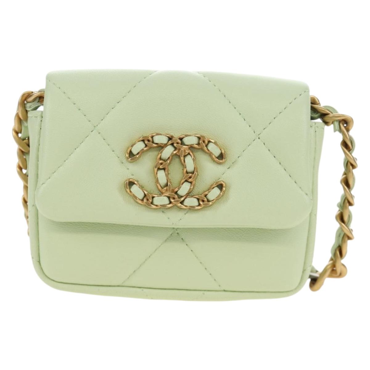 CHANEL Matelasse 19 Chain Bag Lamb Skin Gold Light green CC Auth 188887SAM