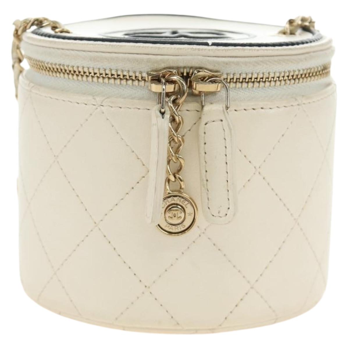 CHANEL Matelasse Chain Vanity Bag Lamb Skin White Gold CC Auth 188894SAM