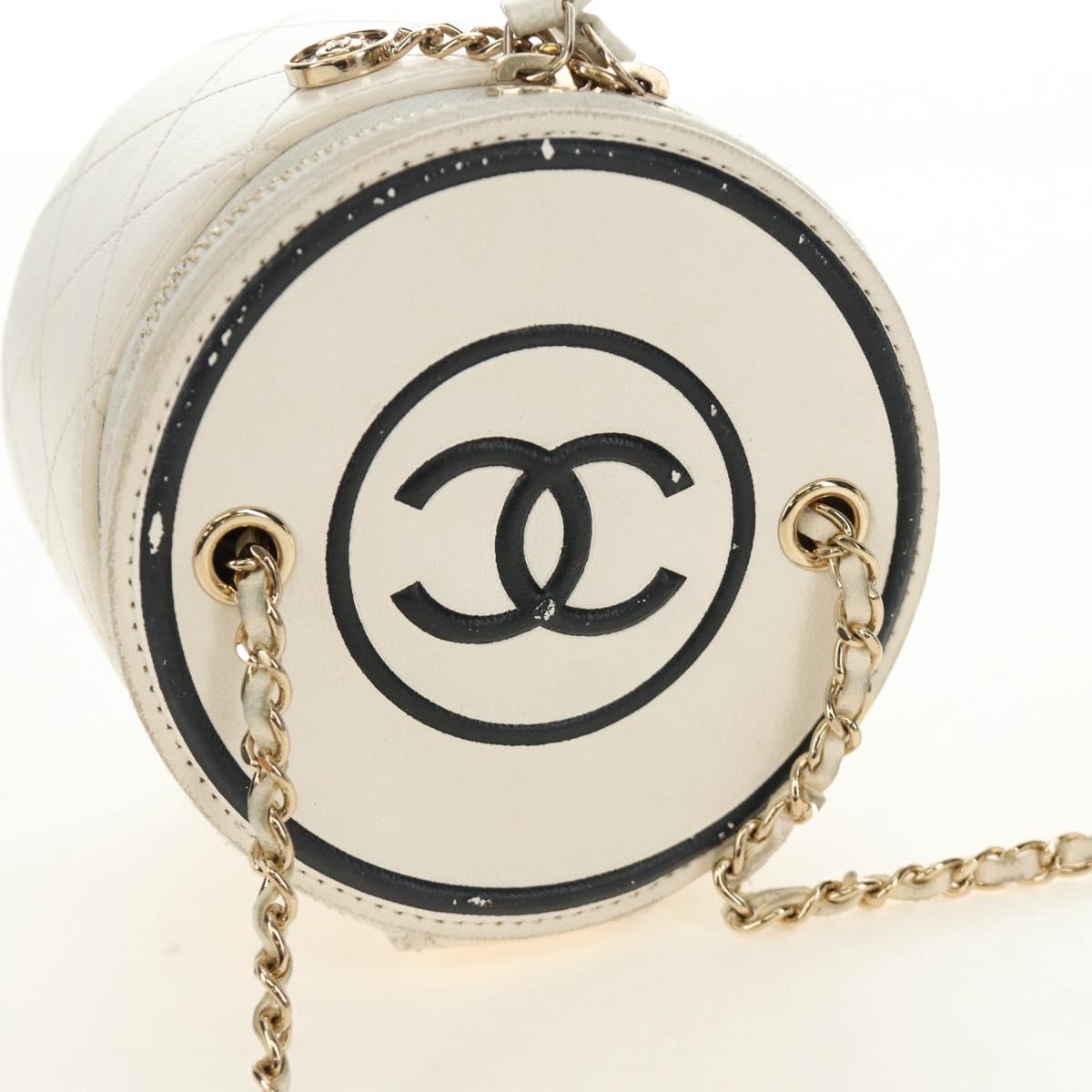 CHANEL Matelasse Chain Vanity Bag Lamb Skin White Gold CC Auth 188894SAM