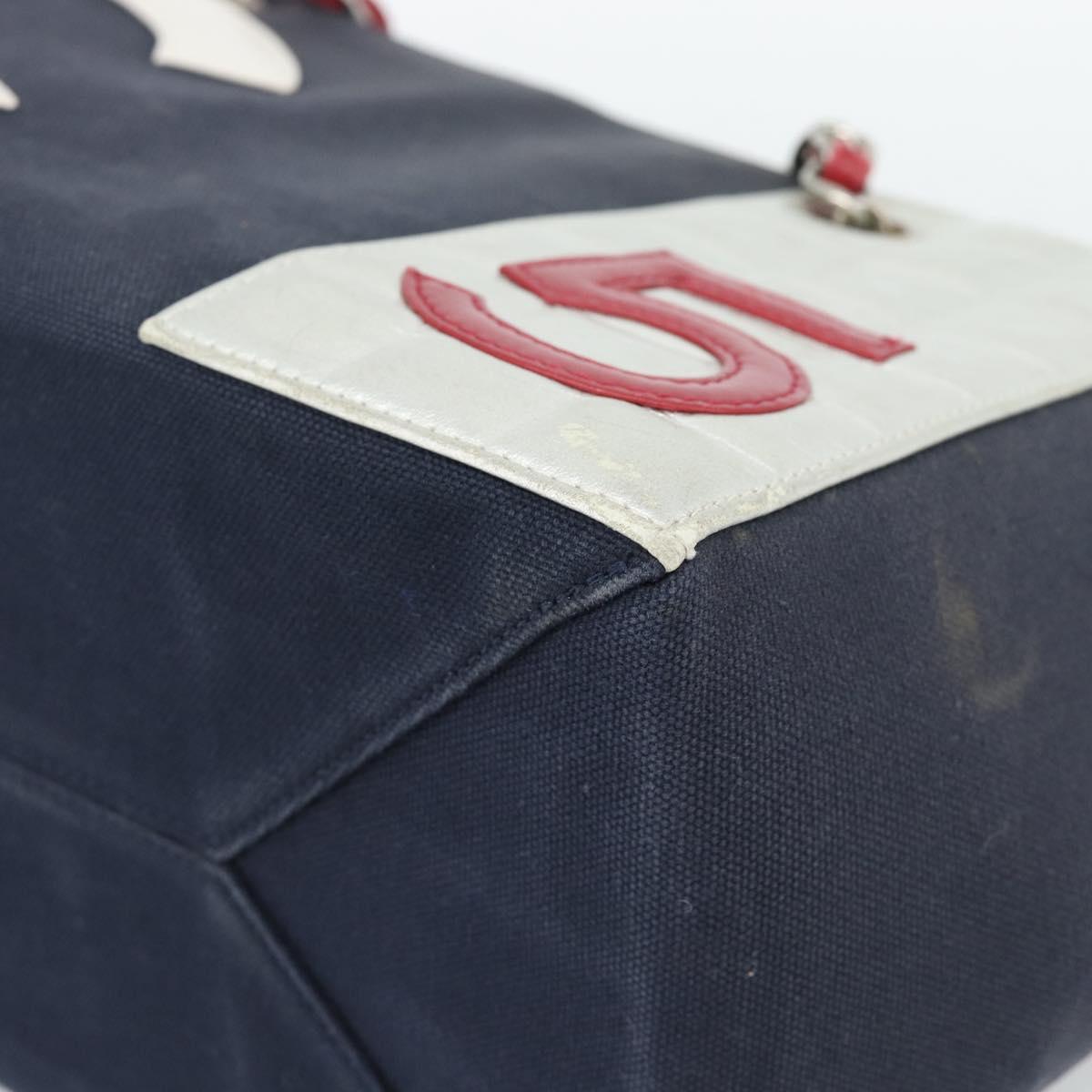 CHANEL Choco Bar Chain Tote Bag No5 Canvas Navy Silver CC Auth 188914