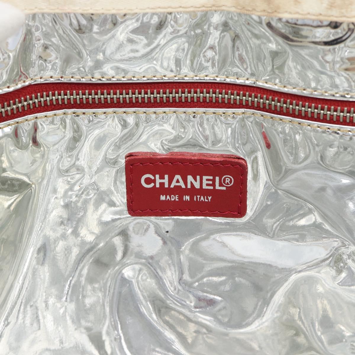 CHANEL Choco Bar Chain Tote Bag No5 Canvas Navy Silver CC Auth 188914