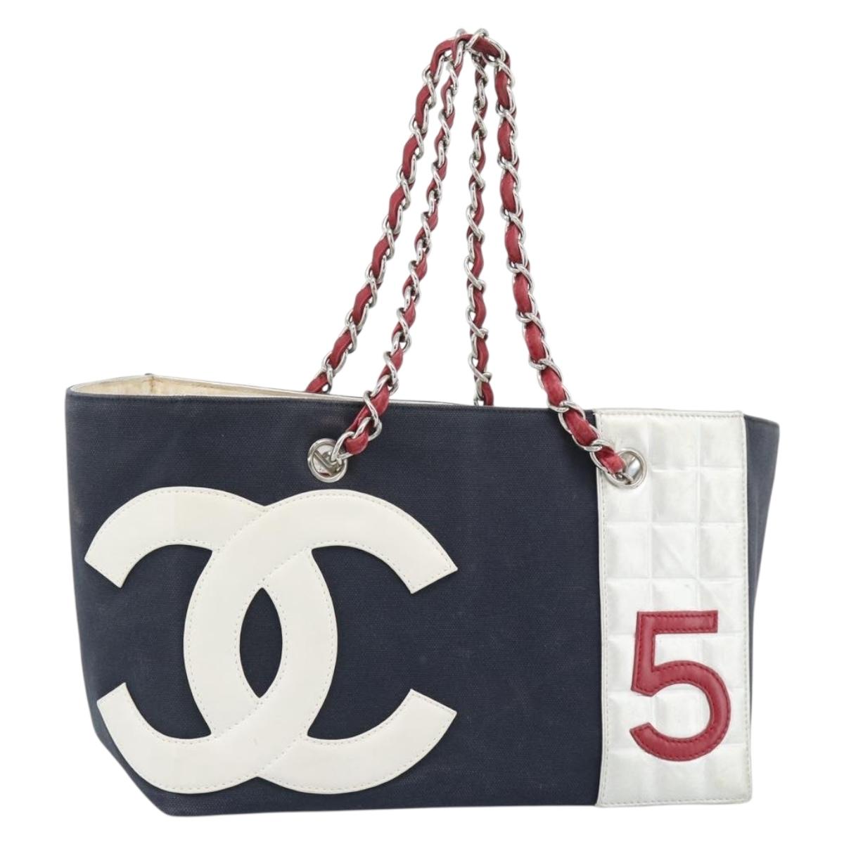CHANEL Choco Bar Chain Tote Bag No5 Canvas Navy Silver CC Auth 188914