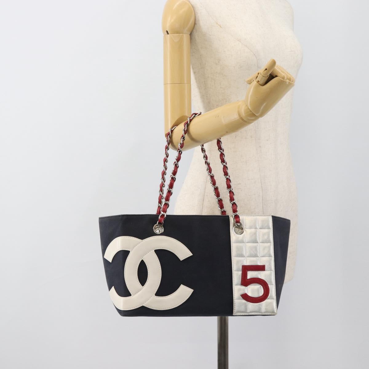 CHANEL Choco Bar Chain Tote Bag No5 Canvas Navy Silver CC Auth 188914
