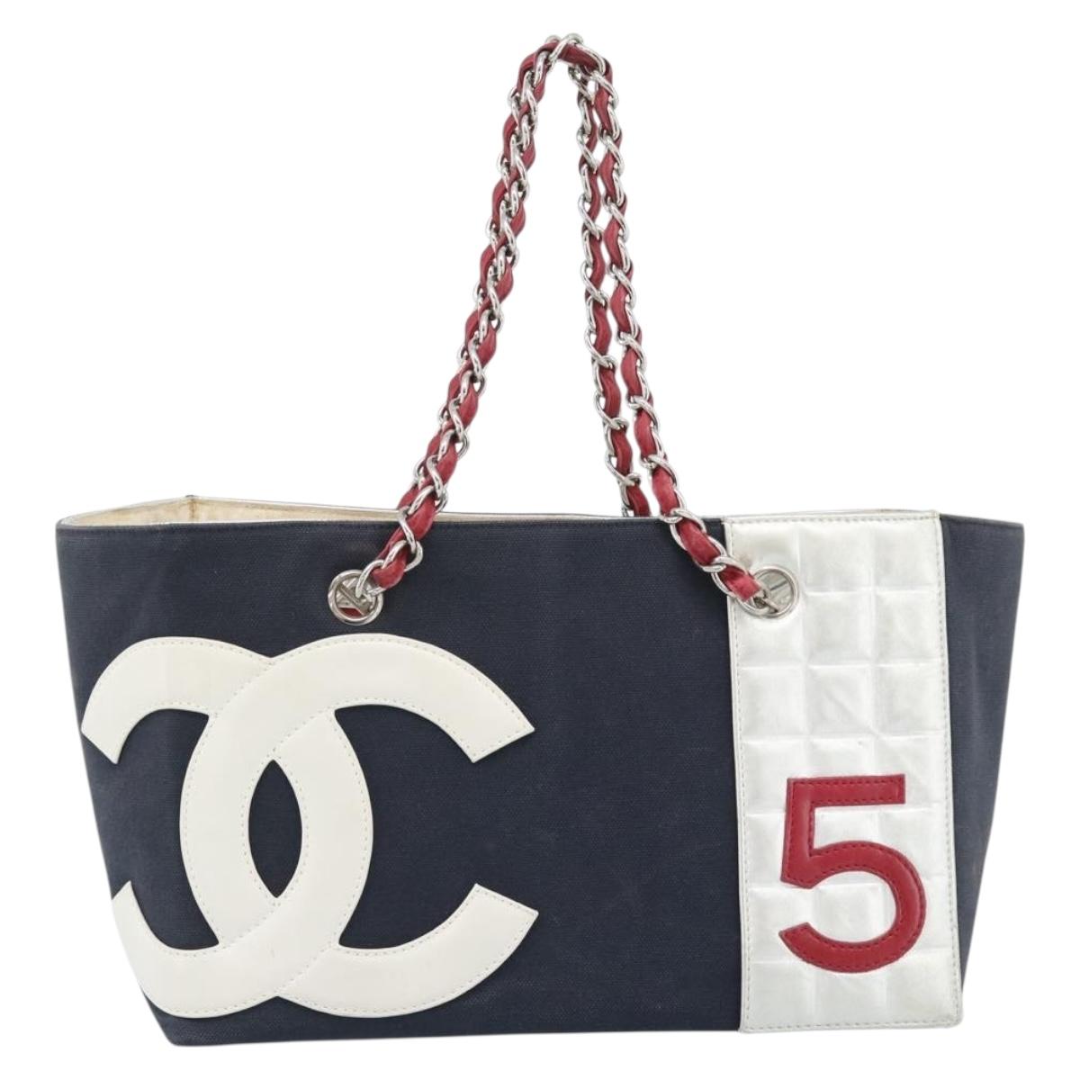 CHANEL Choco Bar Chain Tote Bag No5 Canvas Navy Silver CC Auth 188914