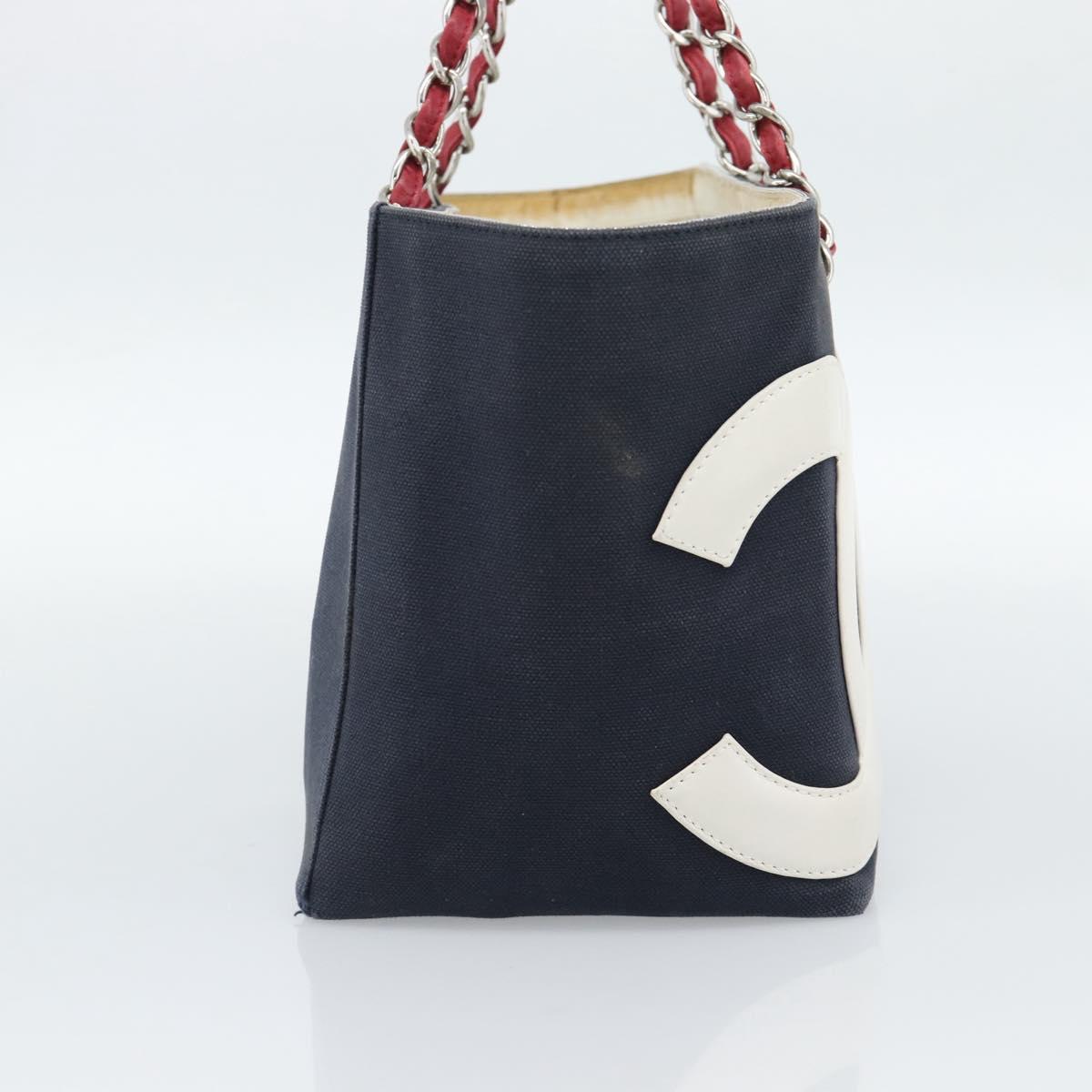 CHANEL Choco Bar Chain Tote Bag No5 Canvas Navy Silver CC Auth 188914