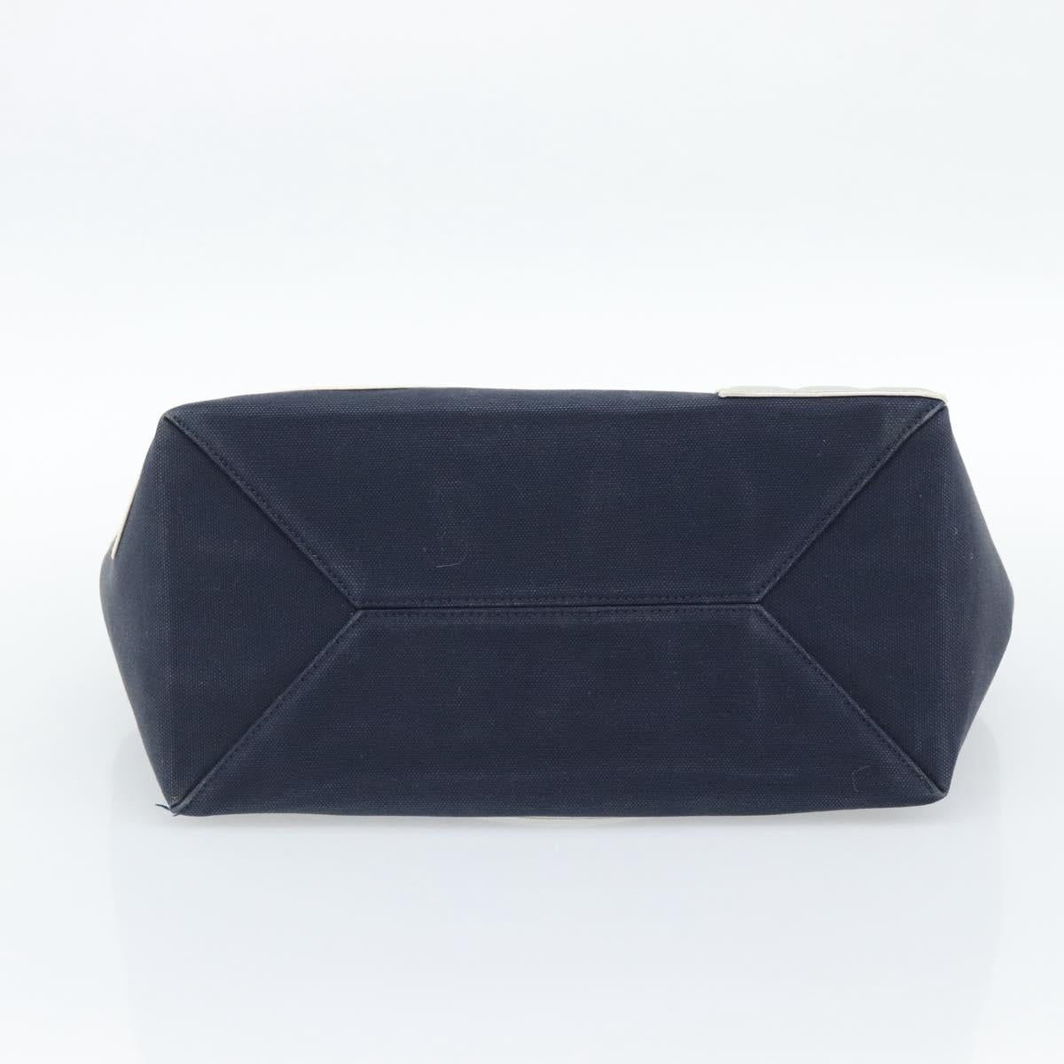CHANEL Choco Bar Chain Tote Bag No5 Canvas Navy Silver CC Auth 188914