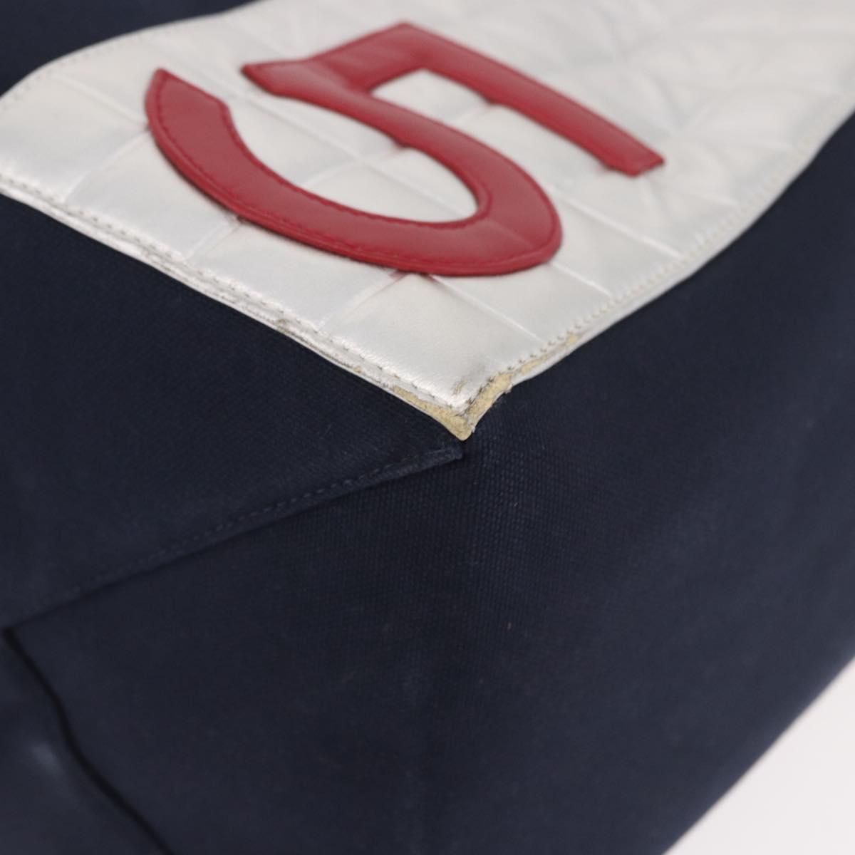 CHANEL Choco Bar Chain Tote Bag No5 Canvas Navy Silver CC Auth 188915V