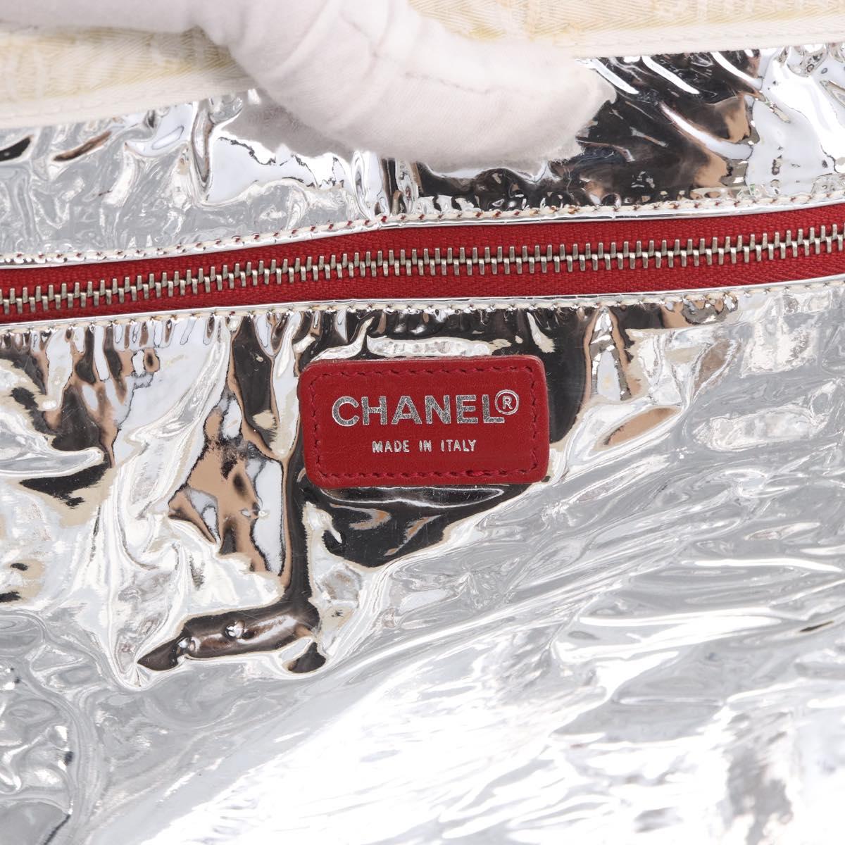 CHANEL Choco Bar Chain Tote Bag No5 Canvas Navy Silver CC Auth 188915V