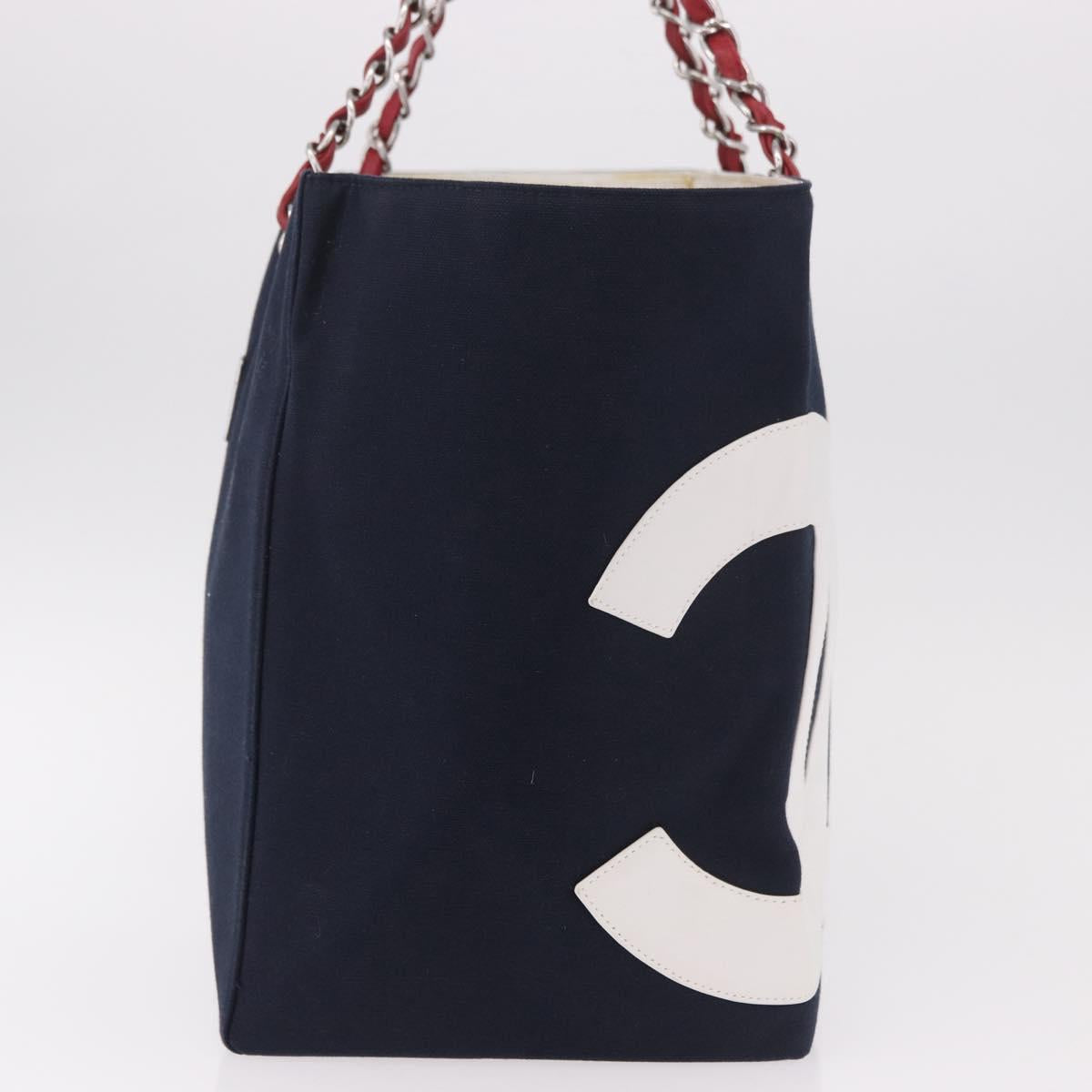 CHANEL Choco Bar Chain Tote Bag No5 Canvas Navy Silver CC Auth 188915V