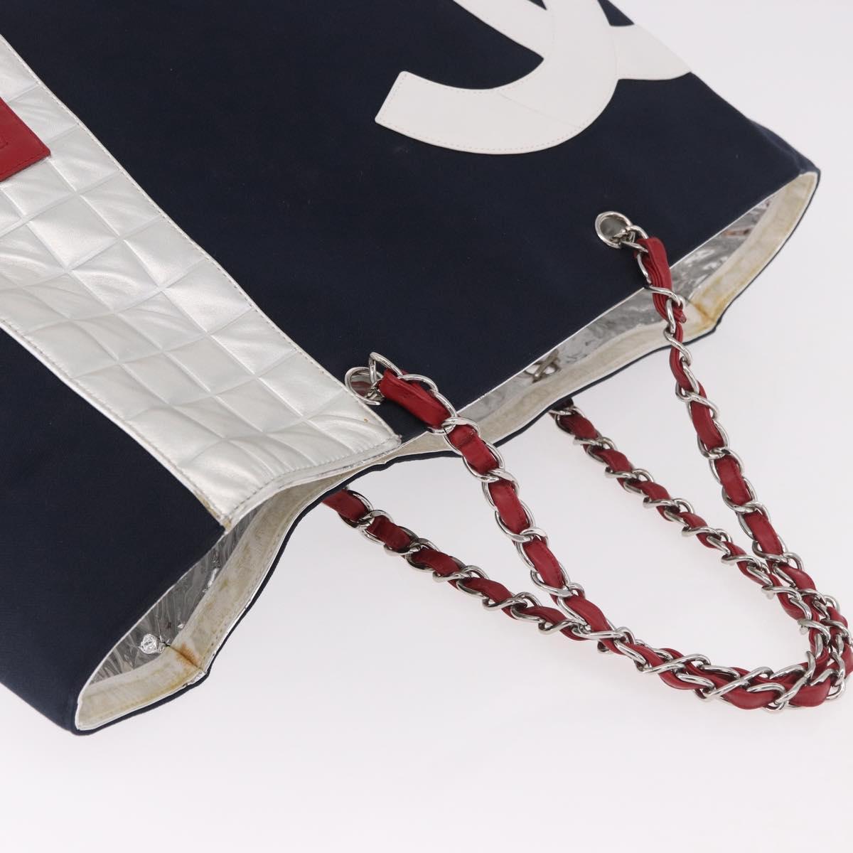 CHANEL Choco Bar Chain Tote Bag No5 Canvas Navy Silver CC Auth 188915V