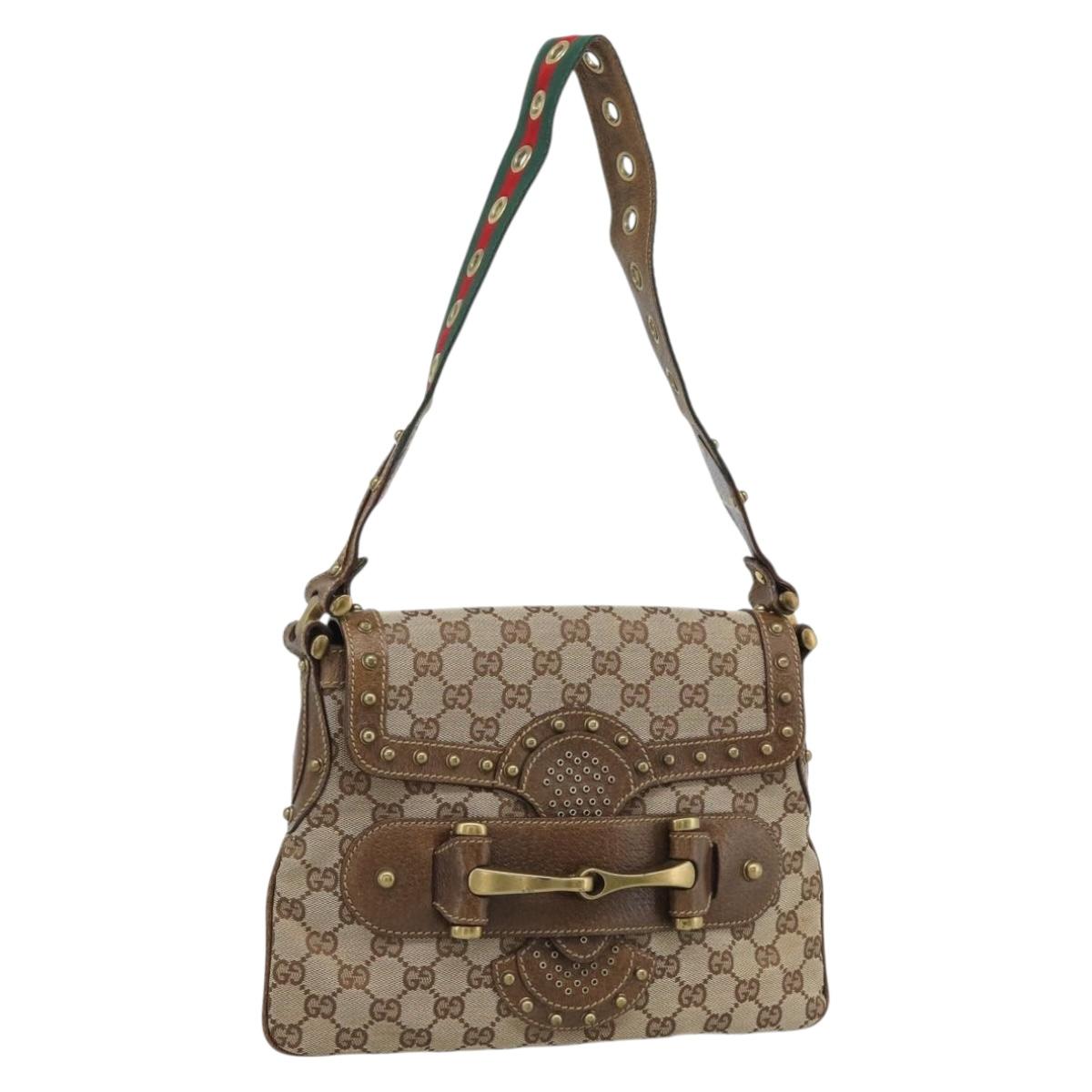 GUCCI Horsebit Shoulder Bag GG Canvas Beige Gold 144010 Auth 188928V