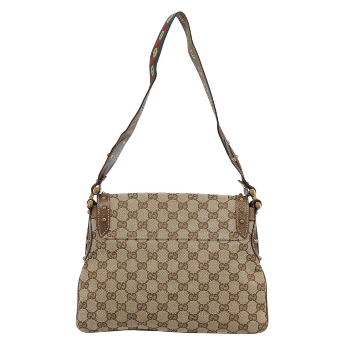 GUCCI Horsebit Shoulder Bag GG Canvas Beige Gold 144010 Auth 188928V