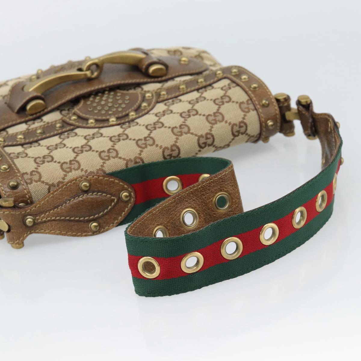 GUCCI Horsebit Shoulder Bag GG Canvas Beige Gold 144010 Auth 188928V