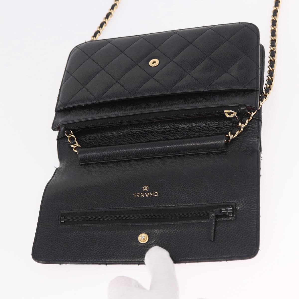 CHANEL Matelasse Chain Shoulder Bag Caviar Skin Black Gold CC Auth 188972
