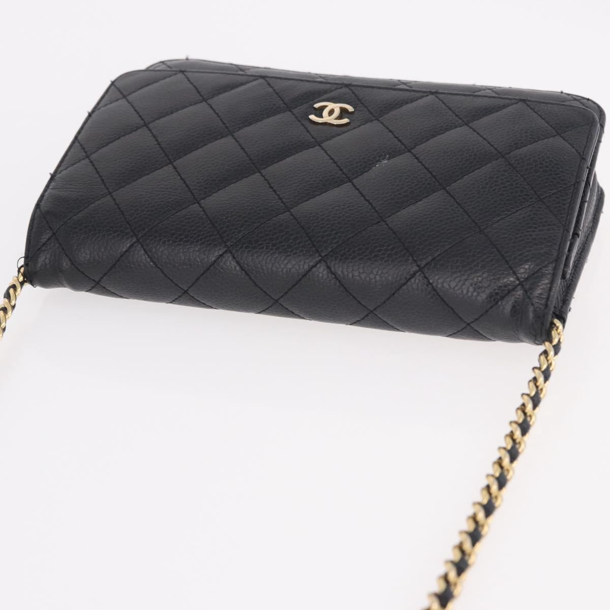 CHANEL Matelasse Chain Shoulder Bag Caviar Skin Black Gold CC Auth 188972