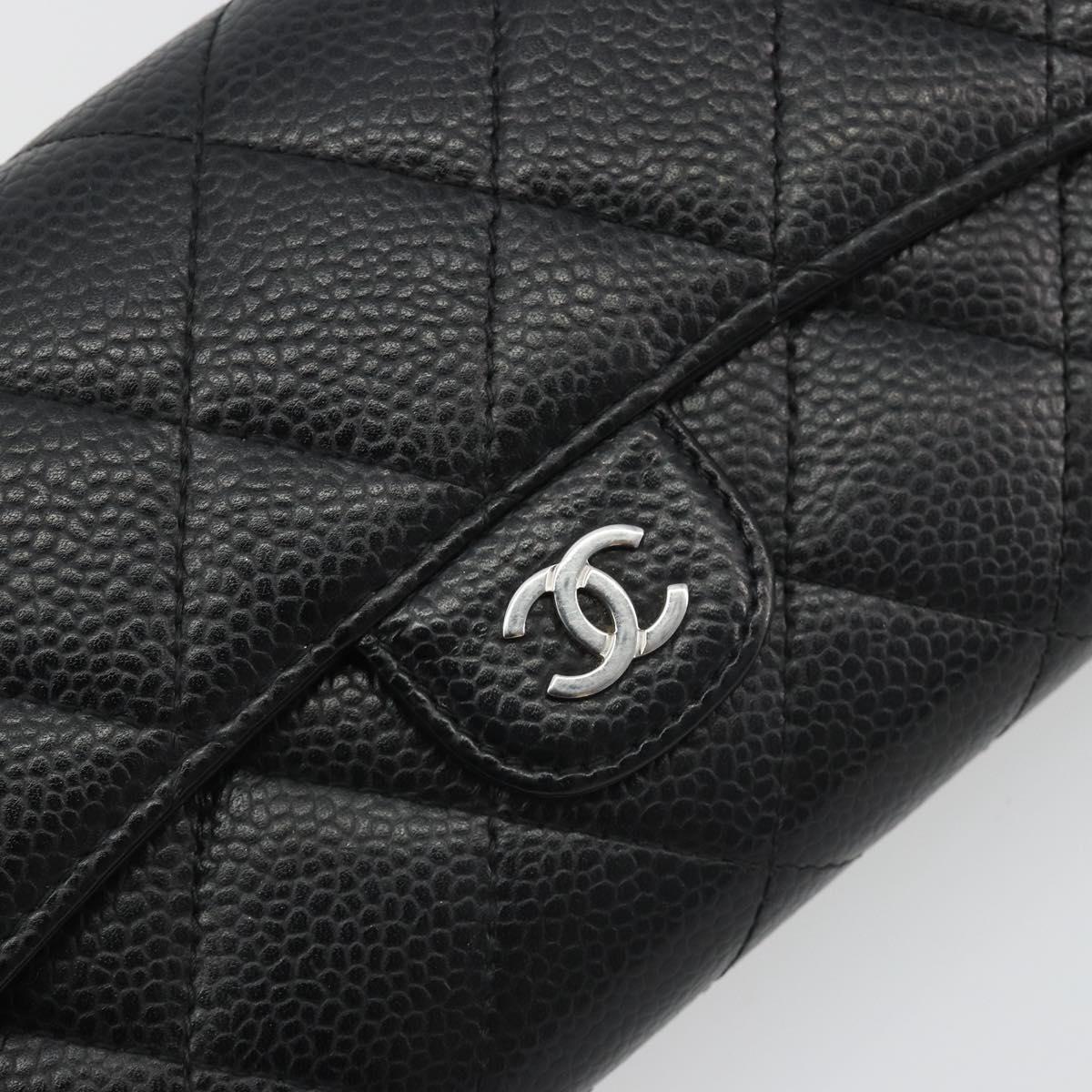 CHANEL Matelasse Long Wallet Caviar Skin Black Silver CC Auth 188983V