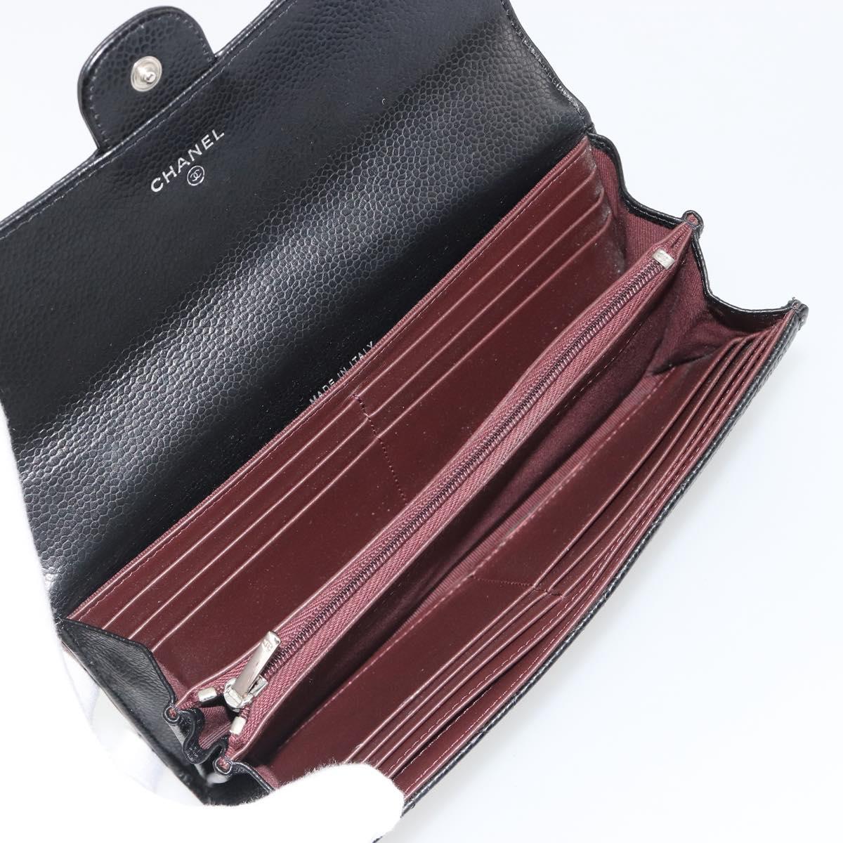 CHANEL Matelasse Long Wallet Caviar Skin Black Silver CC Auth 188983V