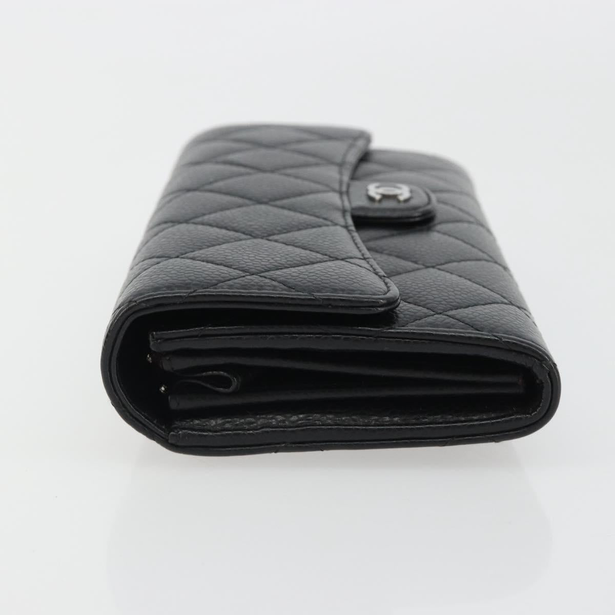 CHANEL Matelasse Long Wallet Caviar Skin Black Silver CC Auth 188983V