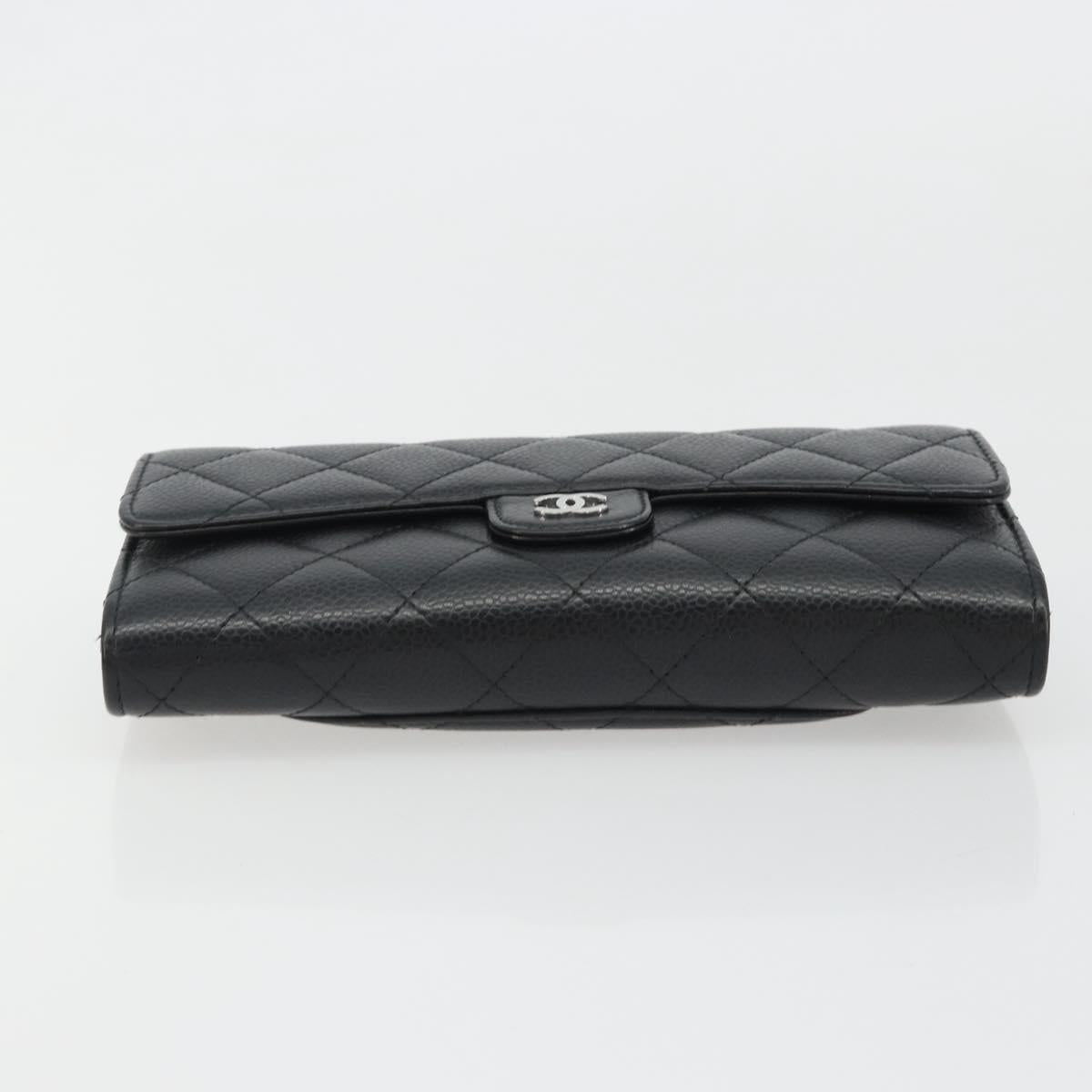 CHANEL Matelasse Long Wallet Caviar Skin Black Silver CC Auth 188983V
