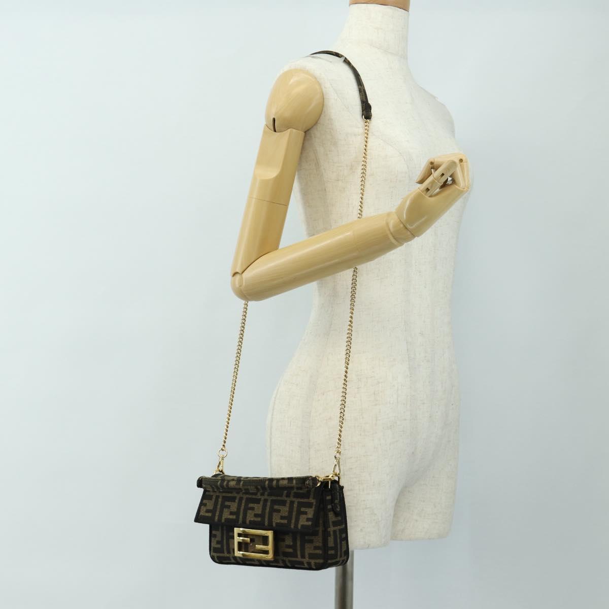 FENDI Chain Zucca Canvas Mamma Baguette Bag 2way Brown Black Auth 189061SV
